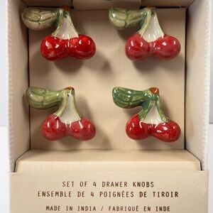 New In Box Ceramic Cherry Drawer Knobs Set of 4 Red Green White